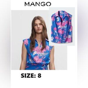 Mango - Sleeveless Printed Shirt - Blue/Pink. Size: 8 (US). NWT